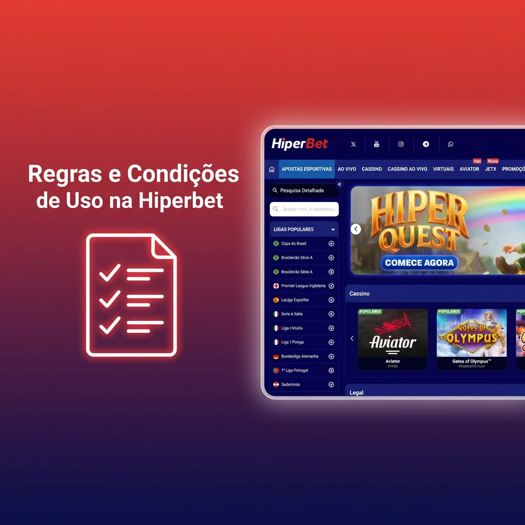 Rules and conditions of use on Hiperbet platform in Brazil, covering age limits, accounts, bonuses, and withdrawals.